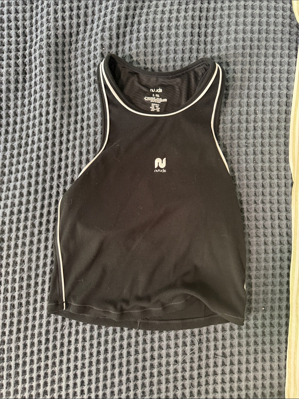 nuuds Black Racerback Crop Tank with White Piping
